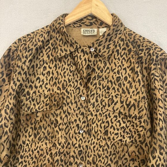 Vintage Chico's Design 100% Silk Cheetah Blouse Size 2 (Large) Button Up Top - Picture 5 of 9